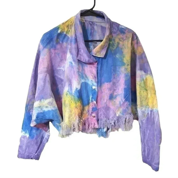 Vintage Fringe Denim Cropped Tie-Dye Jacket - Size Medium - Picture 2 of 13